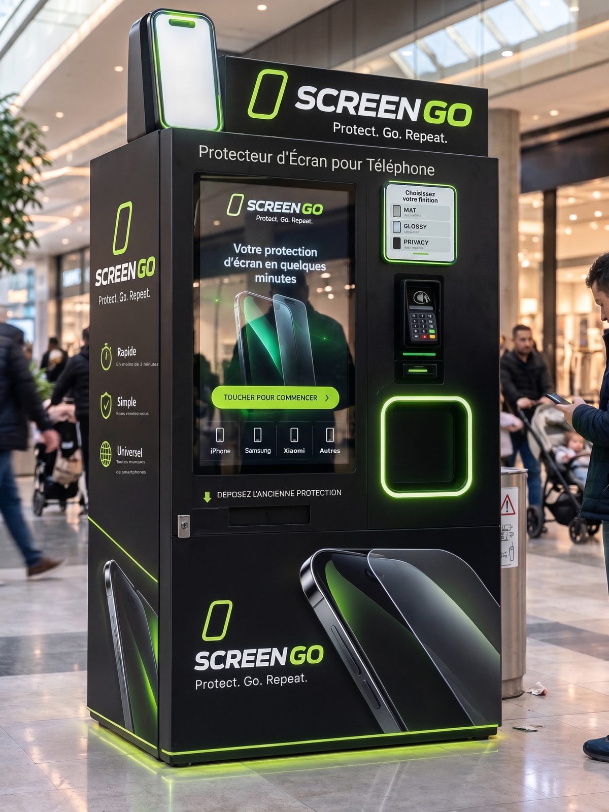 La borne Screen Go dans une galerie marchande, au milieu des visiteurs